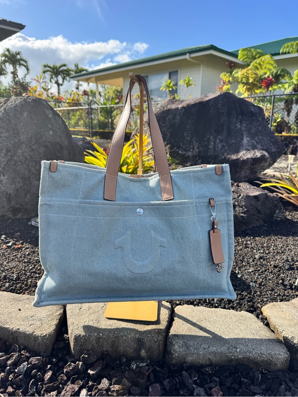 True Religion Light Wash Denim Tote Bag Large Horseshoe Shopper
